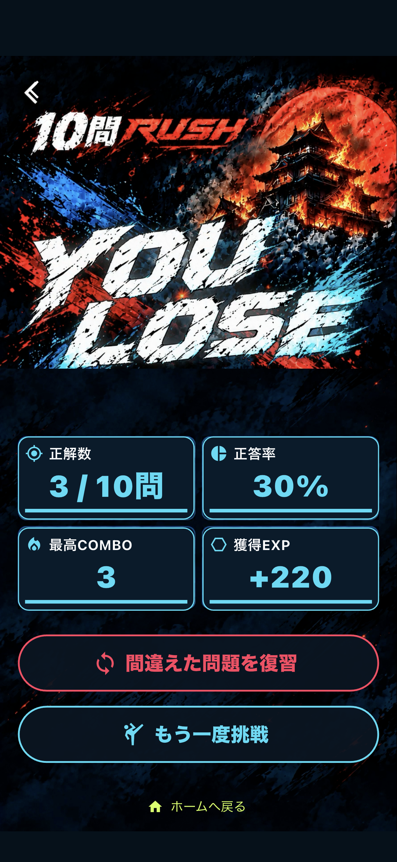 10問RUSHを3問正解で完走したYOU LOSE画面。